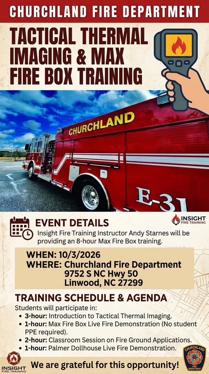 KTFBurnsDC's tweet photo. 🔥 Free Thermal Imaging Training in Linwood, NC!

In North Carolina? Free training is available this weekend in Linwood, NC!

📍 Class Details (8 Hours)

Instructor: Andy Starnes (Insight Fire Training)

Course: Max Fire Box Thermal Imaging Training (8-hour)
Time: 8:00 AM – 5:00 PM

Location:
Churchland Fire Department
9752 South 150
Linwood, NC

✅ Register Here
https://t.co/j79TgDHewg

Stay Intelligently Aggressive!
#firefighter #thermalimaging