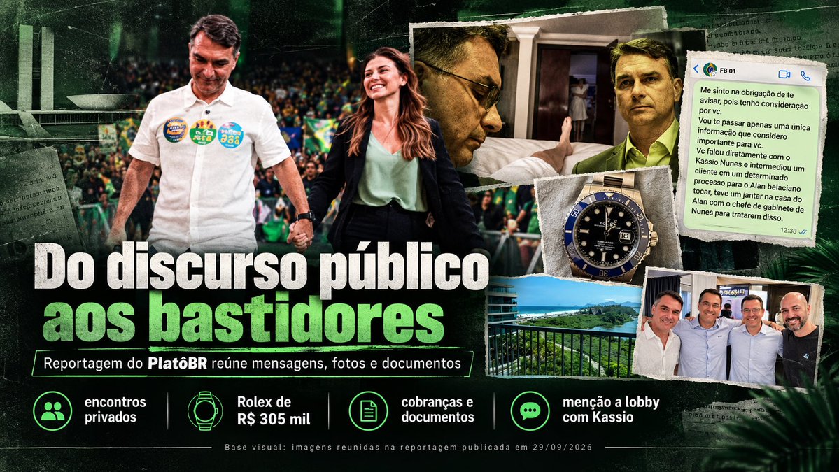 ojornaleirobr's tweet photo. A mistura de conservadorismo pregado em público, suspeitas de corrupção, traição conjugal, prostituição, luxo pago por terceiros e alegação de lobby no STF descrita na nova reportagem sobre Flávio Bolsonaro é algo inacreditável.

E o ponto mais grave nem é sua vida sexual. É quando dinheiro e poder entram na história.

A apuração de Rodrigo Rangel, no PlatôBR, parte do material guardado por Alexandre Santini, amigo de Flávio por cerca de duas décadas e seu ex-sócio na Kopenhagen investigada no caso das rachadinhas: mensagens, áudios, fotos, notas fiscais e documentos.

Segundo a reportagem, Santini organizava encontros com garotas de programa e guardou registros dessas festas. Há mensagens combinando um encontro no Grand Hyatt, no Rio, com quatro mulheres e pedido expresso de sigilo porque era período eleitoral. O veículo afirma que Flávio participava dos encontros.

Depois que o material chegou a Fernanda Bolsonaro, aparece uma mensagem atribuída a Flávio dizendo que se arrependeu de “muitas escolhas erradas”, que não erraria novamente com a família e pedindo que Santini se afastasse dela.

Mas a história vai muito além da traição.

O PlatôBR também apresenta documentos sobre despesas pessoais pagas por pessoas próximas e uma nota fiscal de R$ 305 mil por um Rolex Submariner de ouro branco, emitida em nome do advogado Alan Belaciano. Segundo a reportagem, o relógio seria destinado a Flávio.

E há ainda o capítulo institucionalmente mais grave.

Santini escreveu a Flávio afirmando que ele teria falado diretamente com Kassio Nunes Marques para intermediar interesse de um cliente em processo no gabinete do ministro e menciona jantar com o chefe de gabinete. Trata-se de uma alegação registrada nas mensagens publicadas, não de favorecimento judicial comprovado.

Naquele mesmo dia, Flávio respondeu marcando reunião em seu gabinete: “terça às 15:00”. Meses de conflito, cobrança e ameaças de exposição acabariam depois em um acerto cujos termos, segundo o próprio PlatôBR, permanecem desconhecidos.