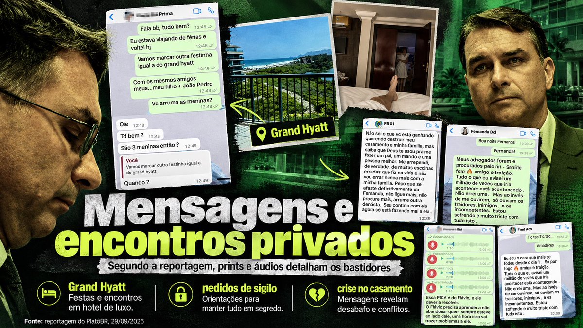 ojornaleirobr's tweet photo. A mistura de conservadorismo pregado em público, suspeitas de corrupção, traição conjugal, prostituição, luxo pago por terceiros e alegação de lobby no STF descrita na nova reportagem sobre Flávio Bolsonaro é algo inacreditável.

E o ponto mais grave nem é sua vida sexual. É quando dinheiro e poder entram na história.

A apuração de Rodrigo Rangel, no PlatôBR, parte do material guardado por Alexandre Santini, amigo de Flávio por cerca de duas décadas e seu ex-sócio na Kopenhagen investigada no caso das rachadinhas: mensagens, áudios, fotos, notas fiscais e documentos.

Segundo a reportagem, Santini organizava encontros com garotas de programa e guardou registros dessas festas. Há mensagens combinando um encontro no Grand Hyatt, no Rio, com quatro mulheres e pedido expresso de sigilo porque era período eleitoral. O veículo afirma que Flávio participava dos encontros.

Depois que o material chegou a Fernanda Bolsonaro, aparece uma mensagem atribuída a Flávio dizendo que se arrependeu de “muitas escolhas erradas”, que não erraria novamente com a família e pedindo que Santini se afastasse dela.

Mas a história vai muito além da traição.

O PlatôBR também apresenta documentos sobre despesas pessoais pagas por pessoas próximas e uma nota fiscal de R$ 305 mil por um Rolex Submariner de ouro branco, emitida em nome do advogado Alan Belaciano. Segundo a reportagem, o relógio seria destinado a Flávio.

E há ainda o capítulo institucionalmente mais grave.

Santini escreveu a Flávio afirmando que ele teria falado diretamente com Kassio Nunes Marques para intermediar interesse de um cliente em processo no gabinete do ministro e menciona jantar com o chefe de gabinete. Trata-se de uma alegação registrada nas mensagens publicadas, não de favorecimento judicial comprovado.

Naquele mesmo dia, Flávio respondeu marcando reunião em seu gabinete: “terça às 15:00”. Meses de conflito, cobrança e ameaças de exposição acabariam depois em um acerto cujos termos, segundo o próprio PlatôBR, permanecem desconhecidos.