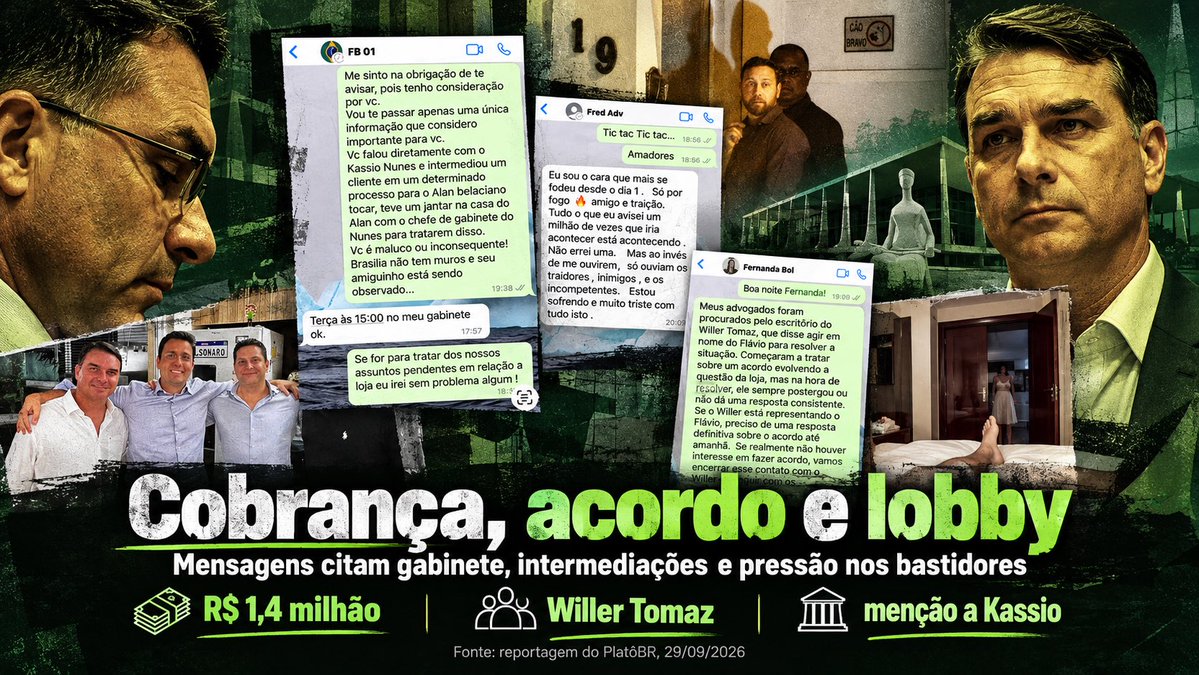 ojornaleirobr's tweet photo. A mistura de conservadorismo pregado em público, suspeitas de corrupção, traição conjugal, prostituição, luxo pago por terceiros e alegação de lobby no STF descrita na nova reportagem sobre Flávio Bolsonaro é algo inacreditável.

E o ponto mais grave nem é sua vida sexual. É quando dinheiro e poder entram na história.

A apuração de Rodrigo Rangel, no PlatôBR, parte do material guardado por Alexandre Santini, amigo de Flávio por cerca de duas décadas e seu ex-sócio na Kopenhagen investigada no caso das rachadinhas: mensagens, áudios, fotos, notas fiscais e documentos.

Segundo a reportagem, Santini organizava encontros com garotas de programa e guardou registros dessas festas. Há mensagens combinando um encontro no Grand Hyatt, no Rio, com quatro mulheres e pedido expresso de sigilo porque era período eleitoral. O veículo afirma que Flávio participava dos encontros.

Depois que o material chegou a Fernanda Bolsonaro, aparece uma mensagem atribuída a Flávio dizendo que se arrependeu de “muitas escolhas erradas”, que não erraria novamente com a família e pedindo que Santini se afastasse dela.

Mas a história vai muito além da traição.

O PlatôBR também apresenta documentos sobre despesas pessoais pagas por pessoas próximas e uma nota fiscal de R$ 305 mil por um Rolex Submariner de ouro branco, emitida em nome do advogado Alan Belaciano. Segundo a reportagem, o relógio seria destinado a Flávio.

E há ainda o capítulo institucionalmente mais grave.

Santini escreveu a Flávio afirmando que ele teria falado diretamente com Kassio Nunes Marques para intermediar interesse de um cliente em processo no gabinete do ministro e menciona jantar com o chefe de gabinete. Trata-se de uma alegação registrada nas mensagens publicadas, não de favorecimento judicial comprovado.

Naquele mesmo dia, Flávio respondeu marcando reunião em seu gabinete: “terça às 15:00”. Meses de conflito, cobrança e ameaças de exposição acabariam depois em um acerto cujos termos, segundo o próprio PlatôBR, permanecem desconhecidos.