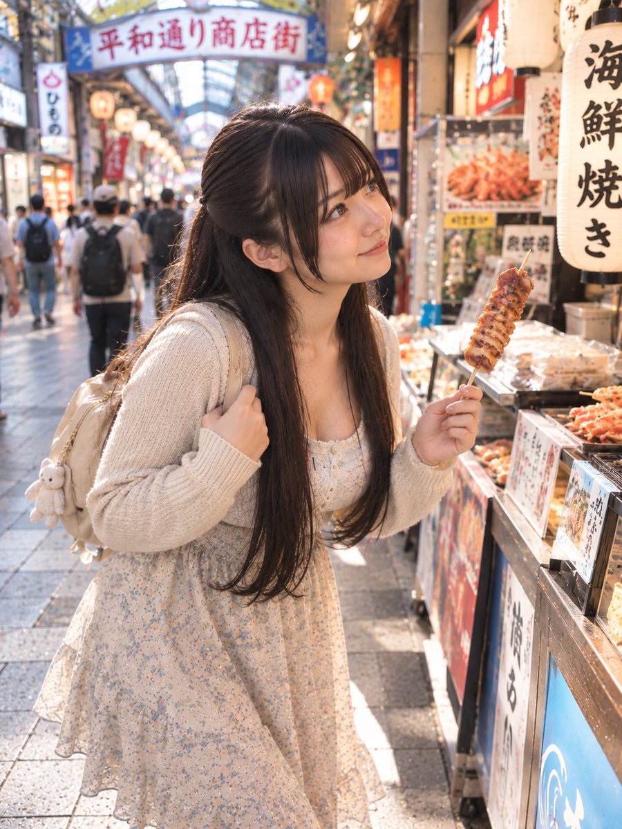 jp_aigirls_lab's tweet photo. 平和通り商店街でさっそく食べ歩き串焼き香ばしくて美味しすぎる〜！食欲が止まらないです🤤🍡

Enjoying street food at Heiwa Dori shopping street! The grilled skewers smell so good and taste amazing~ Can't stop eating🤤🍡

#AI美女 #AIGirls #AIart #9月 #日曜日 #温泉街 https://t.co/FlKZYsGlcQ