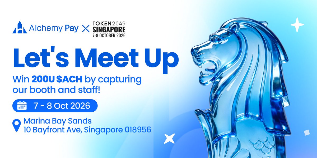 AlchemyPay's tweet photo. 8 more days to go! Time for a meetup if you’re joining us at the #TOKEN2049 Singapore 2026🇸🇬! 

📅Oct 7-8 (Booth PB4-7)
1⃣Snap a selfie at our booth
2⃣Tag 3 friends and #AlchemyPayInSingapore

🎁$ACH + Exclusive Merchandise

Swing by to meet the #AlchemyPay team and check out our latest crypto payment innovations and our #RWA Platform! See you there!

$ACH