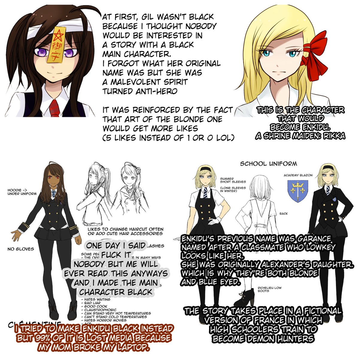 _Kyou's tweet photo. History of Gil's design.
At first she wasn't black bc i thought people wouldn't be interested in a story with a black mc, they tend to be the least popular character of the cast.
Then i said "man fuck THAT, i'm drawing this for me, not popularity. it's gonna get 3 likes anyways" https://t.co/40HR85FBjW