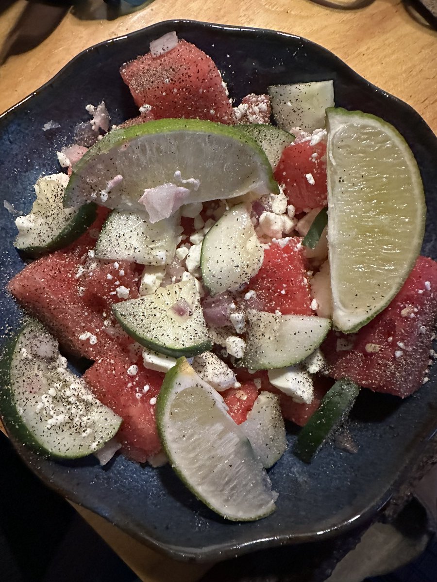 DLUXSkateboards's tweet photo. Peculiar but healthy breakfast. Watermelon, cucumbers, red onions, feta cheese, a dash of salt and pepper sprinkled with lime. https://t.co/GZ9XZfAfr0