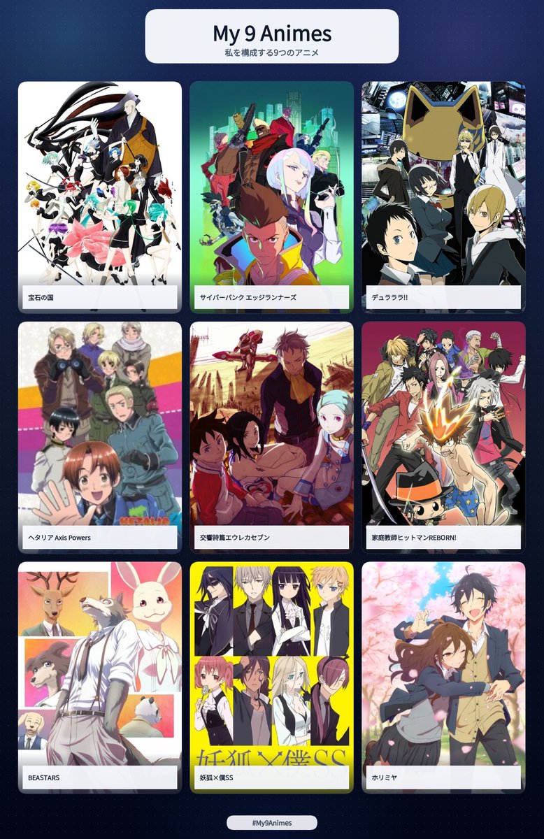 MiyamuReality's tweet photo. 私を構成する9つのアニメ
友人がやってたからやってみた！ヾ(⌒(_'ω')_
 #My9Animes #私を構成する9つのアニメ https://t.co/7tNkB2ecBT https://t.co/dgMGLJYgZa