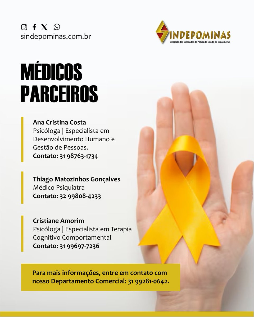 SINDEPOMINAS_MG's tweet photo. “Setembro Amarelo” fechado com chave de ouro!

Um psiquiatra e duas psicólogas são três dos mais novos parceiros do Sindepominas. Os profissionais oferecem descontos especiais em consultas para os sindicalizados e seus familiares. https://t.co/GCA9qI05Rh