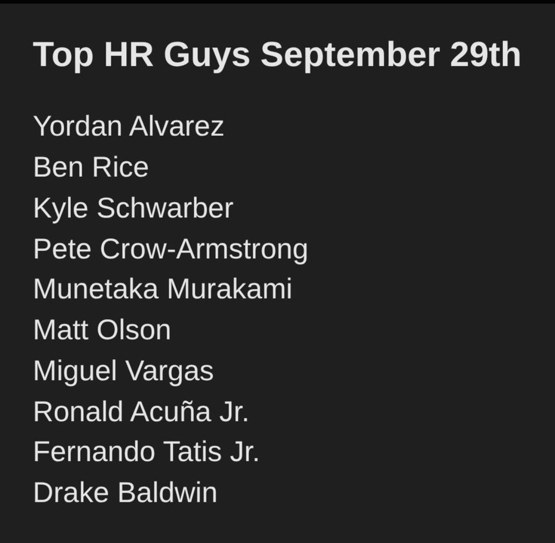 JameslockZ__'s tweet photo. Top HR Guys September 29th

#NBA 🏀 | #WNBA | #CBB 🏀 |  #PrizePicks 🔐 | #PROPS | #POTD 📋 | #Picks | #MLB ⚾ | #Gambling𝕏 | #Parlay @Playbook
#Sportsbetting #NFL   
#DraftKings� #Fanduel https://t.co/QjLZuW7xmw
