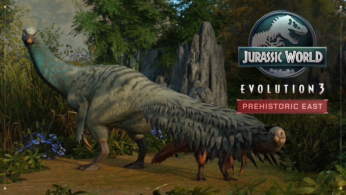 A promotional image for "Jurassic World Evolution 3: Prehistoric East" features two feathered dinosaurs in a lush, forested environment, showcasing the East Asian setting and prehistoric wildlife players can experience in the game. The Jurassic World logo and "Prehistoric East" title are prominently displayed on the right side.