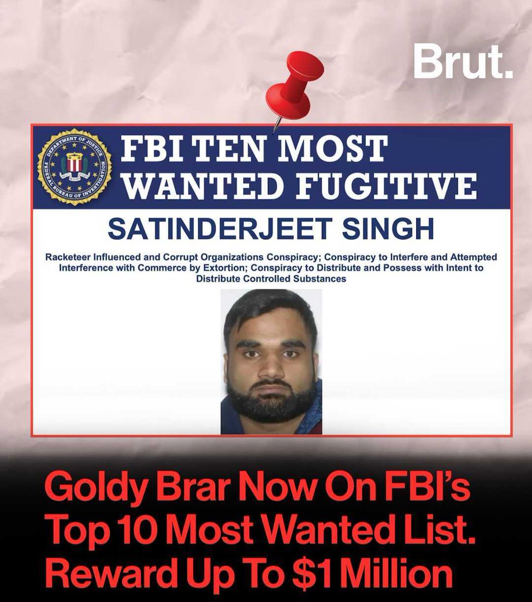 BrutIndia's tweet photo. Goldy Brar is now on the FBI’s Ten Most Wanted Fugitives list.
The name linked to the killing of Punjabi singer Sidhu Moosewala is now being sought by the FBI, with a reward of up to $1 million for information leading to his arrest.
What does the FBI allege against Goldy Brar?

Read the full story here https://t.co/nbm2taEt9J

#GoldyBrar #SidhuMoosewala #FBI #MostWanted #BrutNews