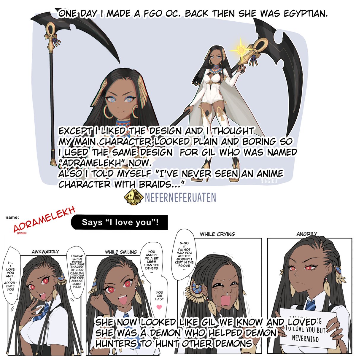 _Kyou's tweet photo. History of Gil's design.
At first she wasn't black bc i thought people wouldn't be interested in a story with a black mc, they tend to be the least popular character of the cast.
Then i said "man fuck THAT, i'm drawing this for me, not popularity. it's gonna get 3 likes anyways" https://t.co/40HR85FBjW