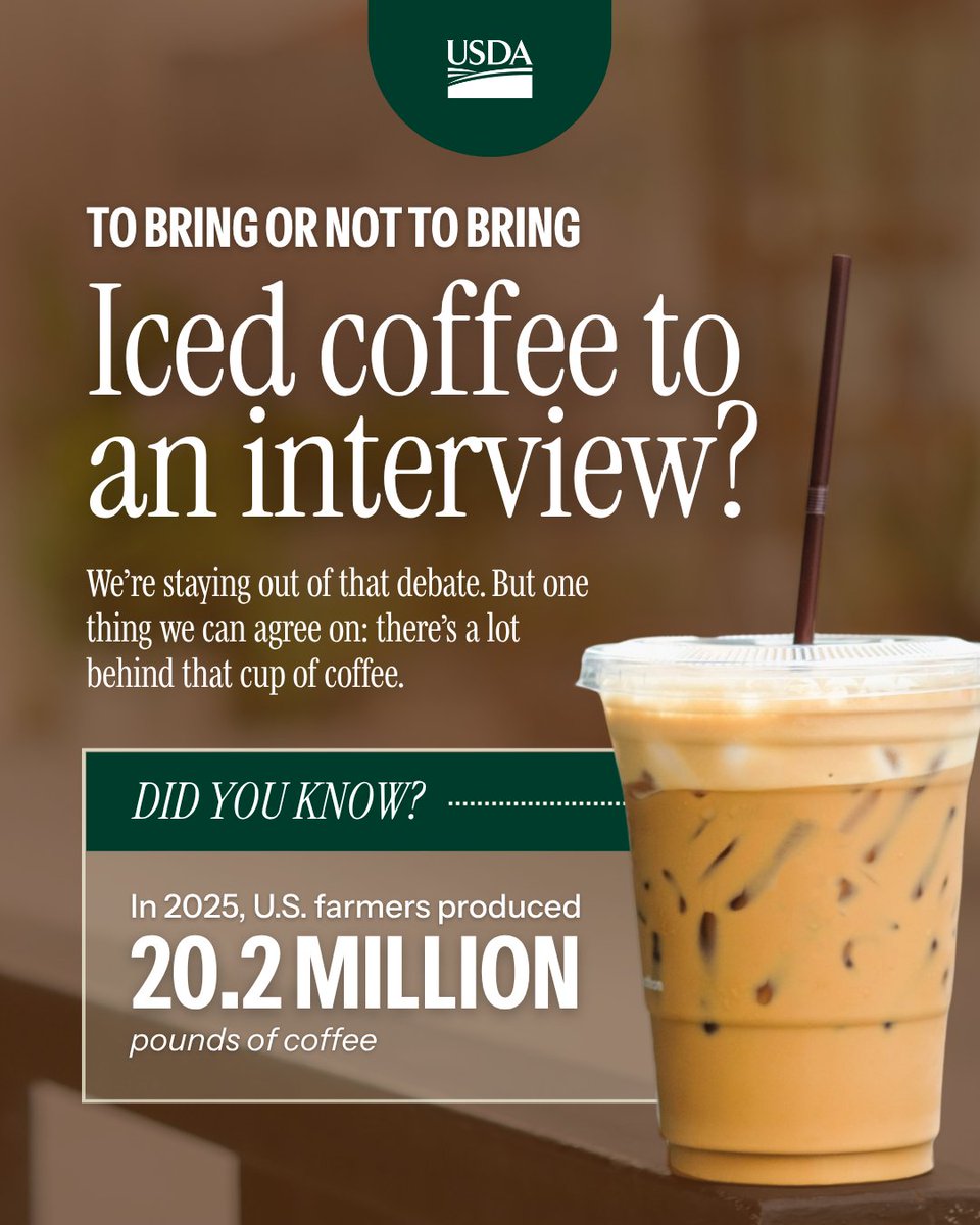 USDA's tweet photo. ☕️ We're staying out of The Great Coffee Debate. Whether you decide to bring coffee to an interview, one thing we can agree on is there’s a lot behind that cup of coffee—from the farmers who grow it to the global agricultural systems that bring it to your morning routine.

This #NationalCoffeeDay, raise a cup to the people, crops, and communities behind your daily brew. 🌱🧑‍🌾