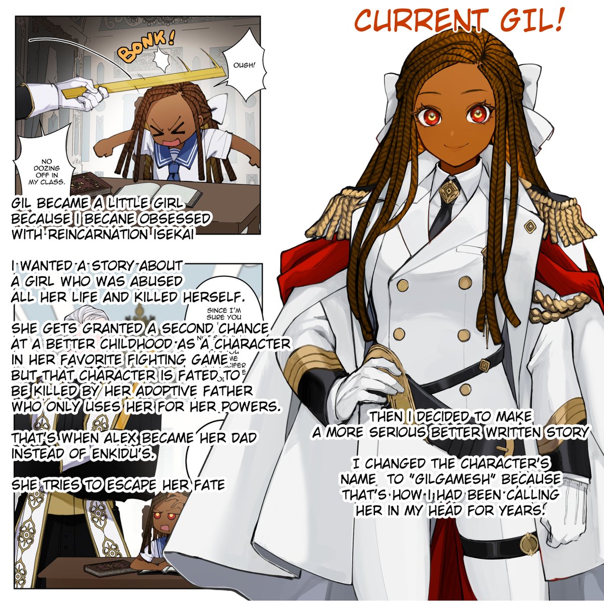 _Kyou's tweet photo. History of Gil's design.
At first she wasn't black bc i thought people wouldn't be interested in a story with a black mc, they tend to be the least popular character of the cast.
Then i said "man fuck THAT, i'm drawing this for me, not popularity. it's gonna get 3 likes anyways" https://t.co/40HR85FBjW