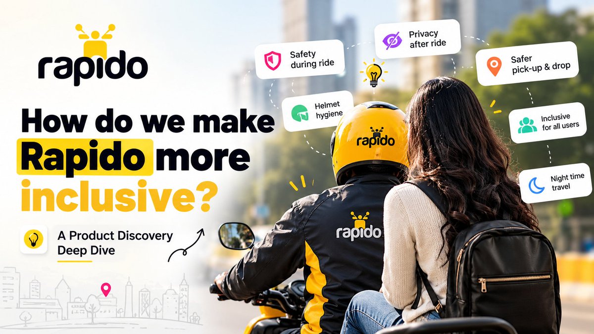 akshayktwt's tweet photo. “Make Rapido more inclusive.”

That was the Product Discovery challenge in my AI Product Management class this week.

My first instinct was to think about features. But then we applied the Double Diamond.

Instead of jumping to solutions, we started by exploring the problem space.

What challenges might different users face when taking a bike taxi?

→ Physical proximity
→ Privacy after the ride
→ Pickup/drop-off safety
→ Night-time travel
→ Helmet hygiene & fit
→ Accessibility for different users

The interesting part?
One problem statement can hide several different problems. Solving one doesn't automatically solve all of them.

Then we moved into the solution space:
→ Better privacy controls
→ Safer pickup/drop-off points
→ Post-ride safety check-ins
→ More inclusive ride preferences

But another PM question came up:

What happens when your solution depends on limited supply?

If a particular preference depends on matching availability, can the marketplace actually support it when users need it most?

That's not just a feature problem.

It's a product + marketplace problem.
And this is what I'm enjoying about Product Discovery:
Problem → Evidence → Hypothesis → Opportunity → Solution

Rather than:
Feature → Feature → Feature

I'm starting to look at everyday products very differently.

#ProductManagement #ProductDiscovery #AIProductManagement #Community #Rapido