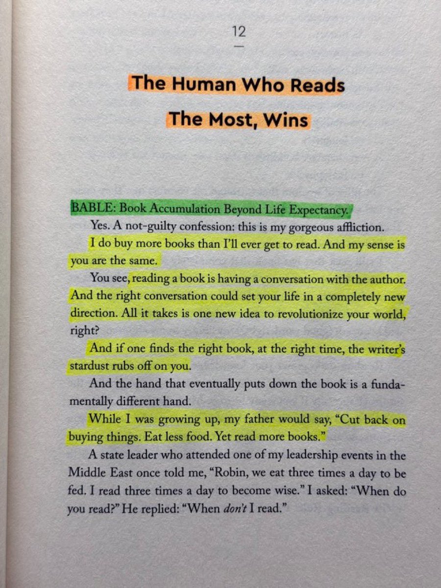 iHamadFahad7's tweet photo. من يقرأ أكثر، يفوز! 

هناك مصطلح اسمه BABLE، وهو اختصار لـ:
Book Accumulation Beyond Life Expectancy
أي: امتلاك كتب أكثر مما يسمح لك عمرك بقراءتها.

وأعترف بلا شعور بالذنب: هذه إحدى أجمل عاداتي.
أشتري كتب أكثر بكثير مما سأتمكن من قراءته يومًا ما، ولدي شعور بأنك قد تكون مثلي.

فالقراءة ليست مجرد تصفح صفحات؛ قراءة كتاب هي أشبه بالدخول في حوار مع مؤلفه.

وأحيانًا، قد تكون المحادثة الصحيحة كفيلة بتغيير مسار حياتك بالكامل.
كل ما تحتاجه أحيانًا هو فكرة واحدة جديدة تقلب عالمك رأسًا على عقب.

وحين تجد الكتاب المناسب، في الوقت المناسب، ينتقل إليك شيء من بريق صاحبه.

فاليد التي تُغلق الكتاب في النهاية، ليست تمامًا اليد نفسها التي فتحته في البداية.

حين كنت صغيرًا، كان والدي يقول لي:
«قلّل شراء الأشياء، وكل أقل، لكن اقرأ كتب أكثر.»

وذات مرة، قال لي أحد القادة الذين حضروا فعالية قيادية لي في الشرق الأوسط:

«نحن نأكل ثلاث مرات في اليوم لنتغذى، وأنا أقرأ ثلاث مرات في اليوم لأزداد حكمة.»

فسألته:
«ومتى تقرأ؟»

فأجاب:
«السؤال هو: متى لا أقرأ؟»