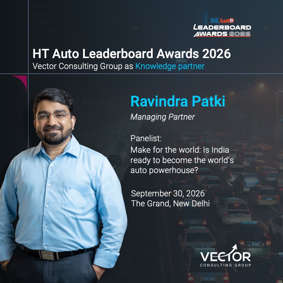 VectorConsultin's tweet photo. As Knowledge Partner at the @HTAutotweets  Leaderboard Awards 2026, we look forward to conversations around a pivotal question for the Indian automotive industry: What will it take to move from a strong domestic manufacturing base to becoming a global automotive powerhouse?

Ravindra Patki, Managing Partner, Vector Consulting Group, will join industry leaders on Panel 1, “Make for the World: Is India ready to become the world’s auto powerhouse?”

Looking forward to the conversations around what will shape the next decade of Indian mobility.