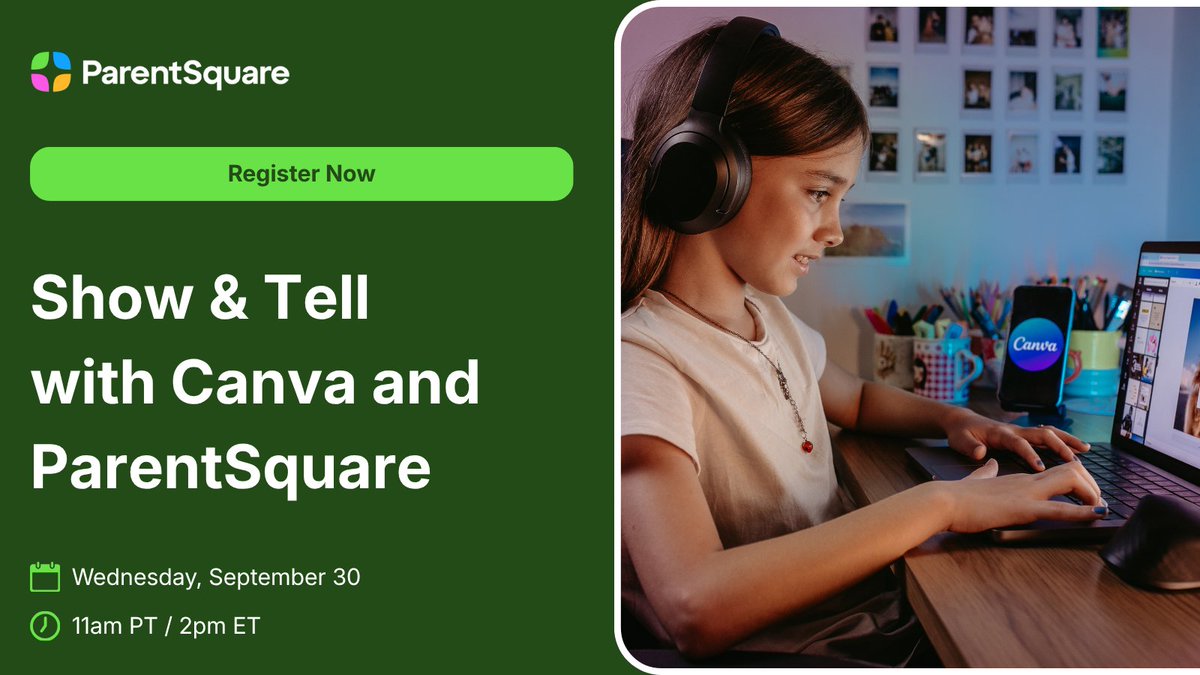 ParentSquare's tweet photo. Tomorrow: See what’s new with @CanvaEdu + ParentSquare.

See the new Canva integration with Studio Editor in action, plus Brand Kits, accessibility features, best practices, and more.

📅 Sept. 30
⏰ 11 A.M. PT / 2 P.M. ET

Register: https://t.co/vKkkelSsSQ

#CanvaEducation https://t.co/nT8lP9TIXF