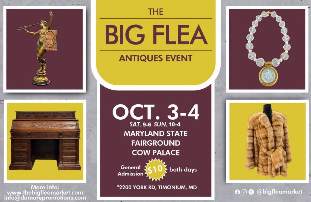 MDStateFair's tweet photo. Come out to The BIG FLEA Antiques Event, Saturday, October 3, 9 AM-6 PM, and Sunday, October 4, 10 AM-4 PM, in the Maryland State Fairgrounds Cow Palace.  For more information call 757-430-4735, go to https://t.co/YWSbQ6H9d3 or email info@damorepromotions.com. https://t.co/fGksw4m83c