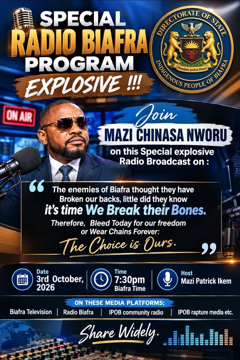 GhIpobOfficial's tweet photo. Don't Miss This Important Explosive Special Radio Biafra Program. 

Make the date and set you time alarm.
Inform othere about it.
@radiobiafralive @real_IpobDOS @ChinasaNworu https://t.co/XIElIU1GXS