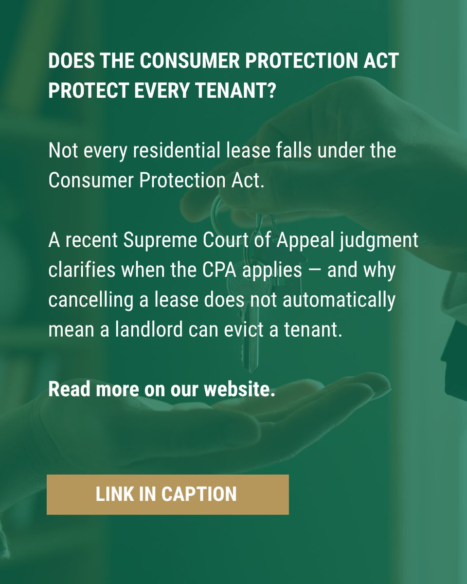 KVVInc's tweet photo. 🏠 New Blog Post: Does the Consumer Protection Act Protect Every Tenant?
Read the full article on our website:
https://t.co/oVu1Zams6y
#KVVInc #PropertyLaw #ConsumerProtectionAct #LandlordTenant #LeaseAgreements #LegalInsights #SouthAfricanLaw https://t.co/KcPbLtfcat