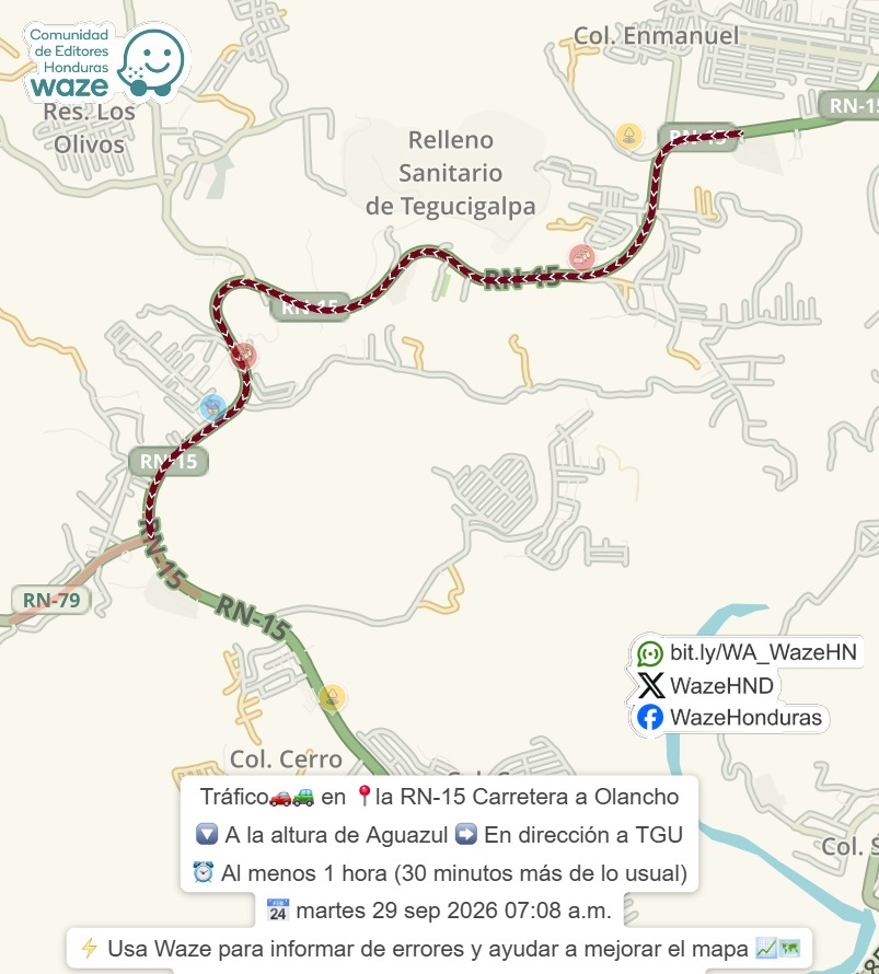 WazeHND's tweet photo. #Tráfico🚗🚙 en 📍la RN-15 Carretera a Olancho
🔽 A la altura de Aguazul ➡️ En dirección a #TGU
⚡ Usa #Waze para #informar de errores y #ayudar a mejorar el #mapa 📈🗺️
👉 Síguenos en redes sociales https://t.co/e1sSYosAH5 https://t.co/RY61onFpRa