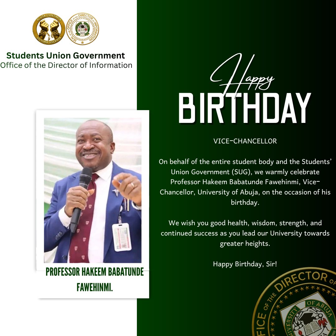 Uofasugconnect's tweet photo. Happy Birthday, Distinguished Vice-Chancellor! 🎉

On behalf of the entire student body and the Students’ Union Government, we celebrate Prof. Hakeem Babatunde Fawehinmi and wish you many more years of wisdom, good health, and impactful leadership.

Happy Birthday, Sir! 🎂🎊 https://t.co/QTATSUoFPT