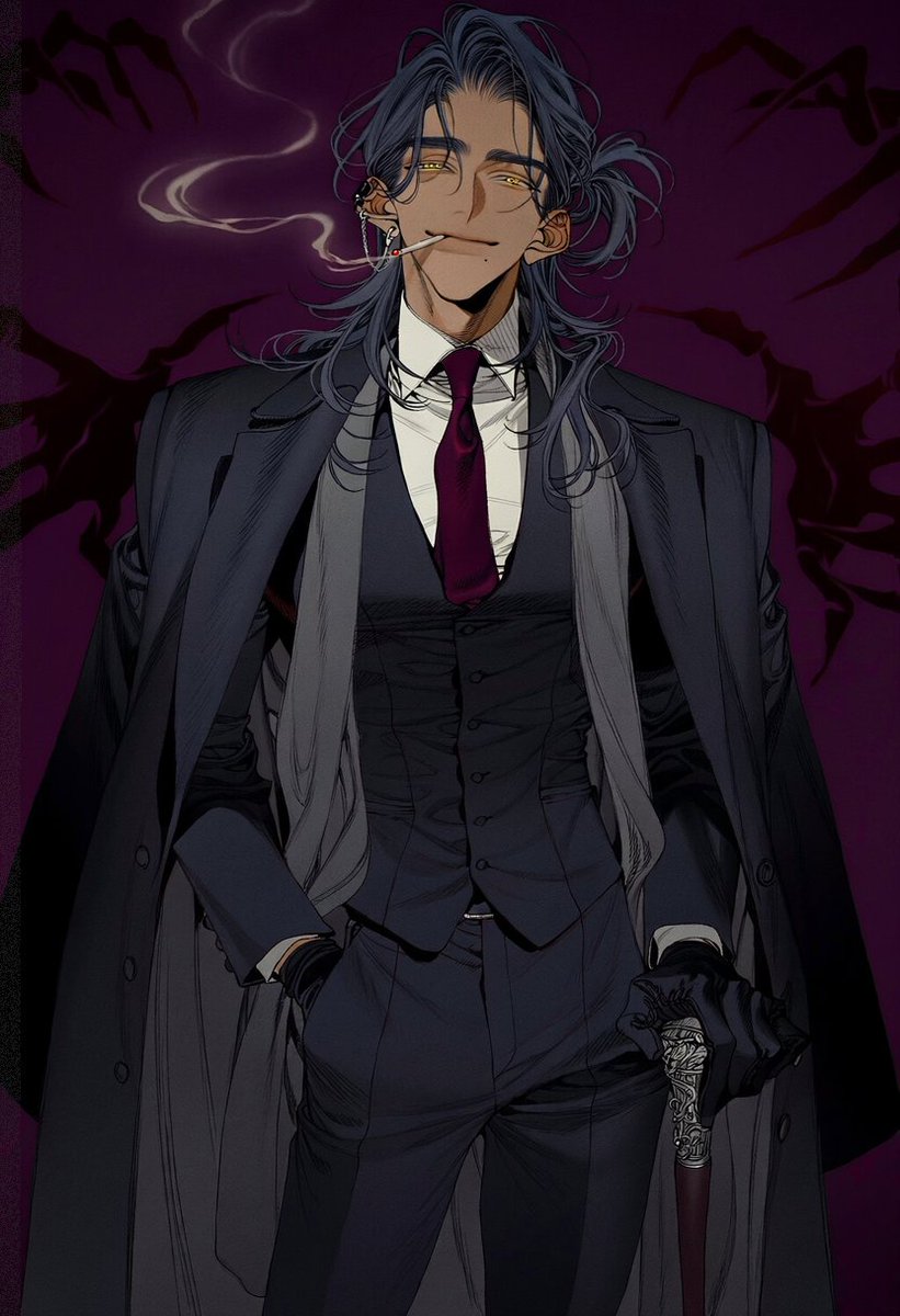 Un_jin_OAOa's tweet photo. OLD AUTHORITY prompt

standing with a dignified imposing posture, chin slightly raised, calm intimidating expression, restrained confidence,

cigarette held loosely between the lips, lit cigarette, glowing ember at the tip, pale cigarette smoke drifting across the face and curling upward,

dark three-piece suit, fitted waistcoat, crisp white dress shirt, deep burgundy necktie, long heavy black overcoat draped over the shoulders, long gray scarf hanging loosely down the front,

black leather gloves, one hand resting casually inside the trouser pocket, other hand holding an elegant dark wooden cane with an antique metallic handle,

broad mature silhouette, composed gentlemanly presence,

enormous inhuman shadow looming directly behind him, elongated clawed hands and sharp distorted limbs emerging around his shoulders, subtle dark crimson markings across the shadow,

deep violet background, dark navy and black clothing, muted gray, subtle burgundy and crimson accents,

slightly low angle, knees up composition, character large in frame, symmetrical imposing framing,

dark aristocratic atmosphere, old-fashioned authority, elegant menace, quiet overwhelming presence,