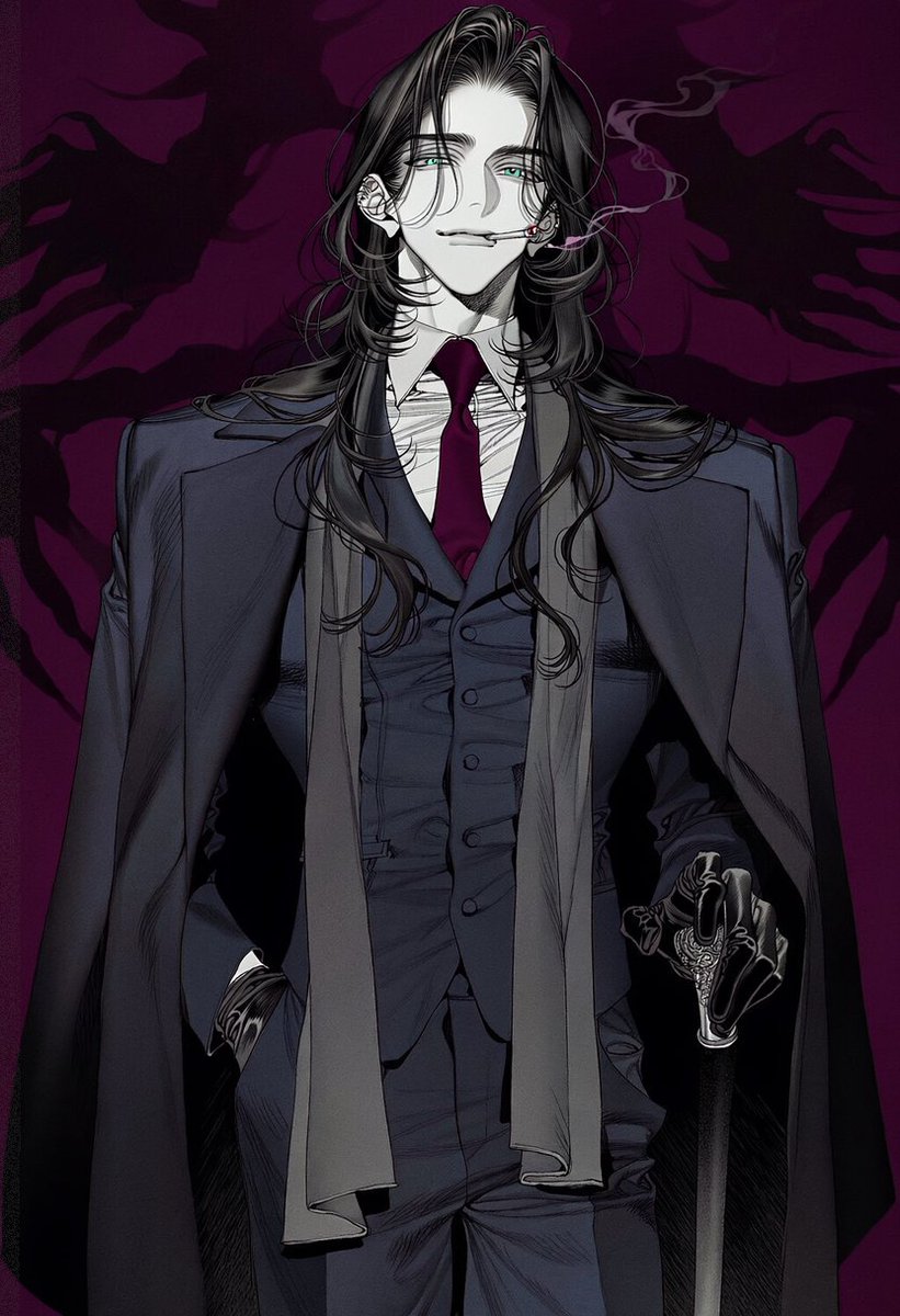 Un_jin_OAOa's tweet photo. OLD AUTHORITY prompt

standing with a dignified imposing posture, chin slightly raised, calm intimidating expression, restrained confidence,

cigarette held loosely between the lips, lit cigarette, glowing ember at the tip, pale cigarette smoke drifting across the face and curling upward,

dark three-piece suit, fitted waistcoat, crisp white dress shirt, deep burgundy necktie, long heavy black overcoat draped over the shoulders, long gray scarf hanging loosely down the front,

black leather gloves, one hand resting casually inside the trouser pocket, other hand holding an elegant dark wooden cane with an antique metallic handle,

broad mature silhouette, composed gentlemanly presence,

enormous inhuman shadow looming directly behind him, elongated clawed hands and sharp distorted limbs emerging around his shoulders, subtle dark crimson markings across the shadow,

deep violet background, dark navy and black clothing, muted gray, subtle burgundy and crimson accents,

slightly low angle, knees up composition, character large in frame, symmetrical imposing framing,

dark aristocratic atmosphere, old-fashioned authority, elegant menace, quiet overwhelming presence,