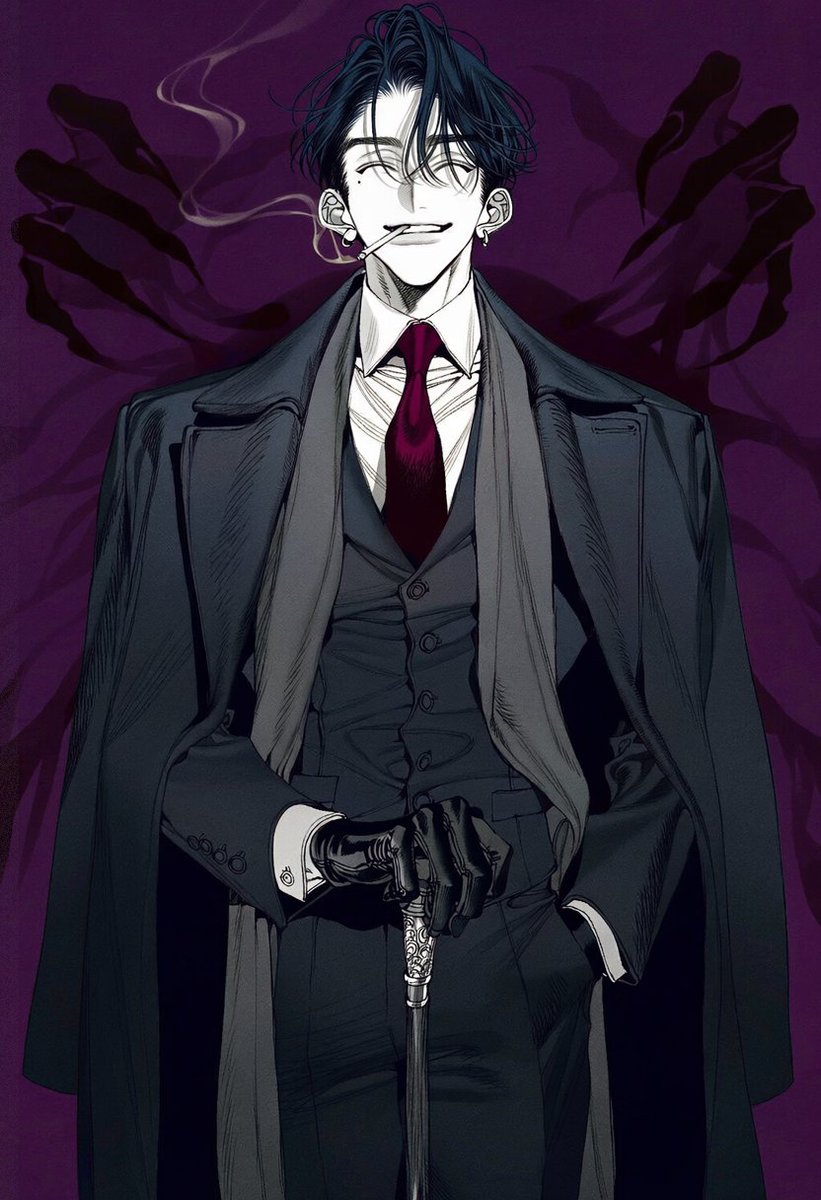 Un_jin_OAOa's tweet photo. OLD AUTHORITY prompt

standing with a dignified imposing posture, chin slightly raised, calm intimidating expression, restrained confidence,

cigarette held loosely between the lips, lit cigarette, glowing ember at the tip, pale cigarette smoke drifting across the face and curling upward,

dark three-piece suit, fitted waistcoat, crisp white dress shirt, deep burgundy necktie, long heavy black overcoat draped over the shoulders, long gray scarf hanging loosely down the front,

black leather gloves, one hand resting casually inside the trouser pocket, other hand holding an elegant dark wooden cane with an antique metallic handle,

broad mature silhouette, composed gentlemanly presence,

enormous inhuman shadow looming directly behind him, elongated clawed hands and sharp distorted limbs emerging around his shoulders, subtle dark crimson markings across the shadow,

deep violet background, dark navy and black clothing, muted gray, subtle burgundy and crimson accents,

slightly low angle, knees up composition, character large in frame, symmetrical imposing framing,

dark aristocratic atmosphere, old-fashioned authority, elegant menace, quiet overwhelming presence,