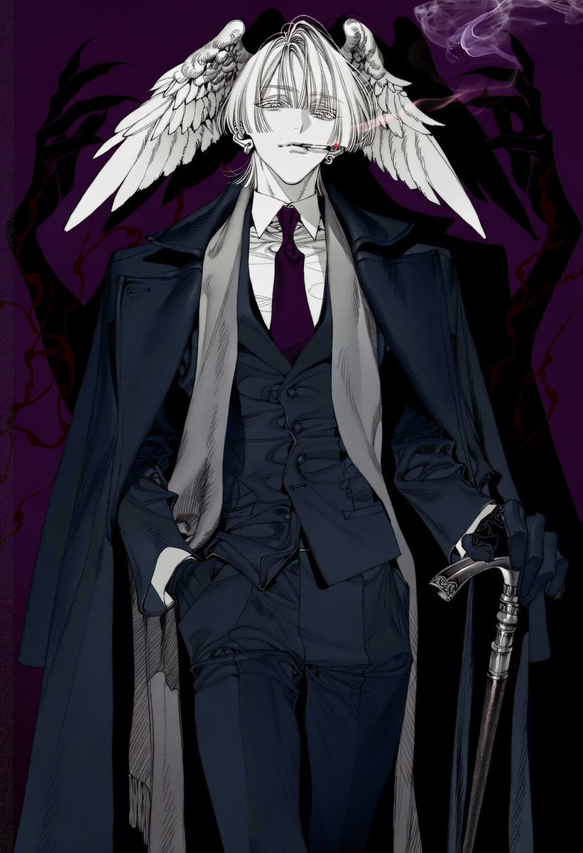 Un_jin_OAOa's tweet photo. OLD AUTHORITY prompt

standing with a dignified imposing posture, chin slightly raised, calm intimidating expression, restrained confidence,

cigarette held loosely between the lips, lit cigarette, glowing ember at the tip, pale cigarette smoke drifting across the face and curling upward,

dark three-piece suit, fitted waistcoat, crisp white dress shirt, deep burgundy necktie, long heavy black overcoat draped over the shoulders, long gray scarf hanging loosely down the front,

black leather gloves, one hand resting casually inside the trouser pocket, other hand holding an elegant dark wooden cane with an antique metallic handle,

broad mature silhouette, composed gentlemanly presence,

enormous inhuman shadow looming directly behind him, elongated clawed hands and sharp distorted limbs emerging around his shoulders, subtle dark crimson markings across the shadow,

deep violet background, dark navy and black clothing, muted gray, subtle burgundy and crimson accents,

slightly low angle, knees up composition, character large in frame, symmetrical imposing framing,

dark aristocratic atmosphere, old-fashioned authority, elegant menace, quiet overwhelming presence,