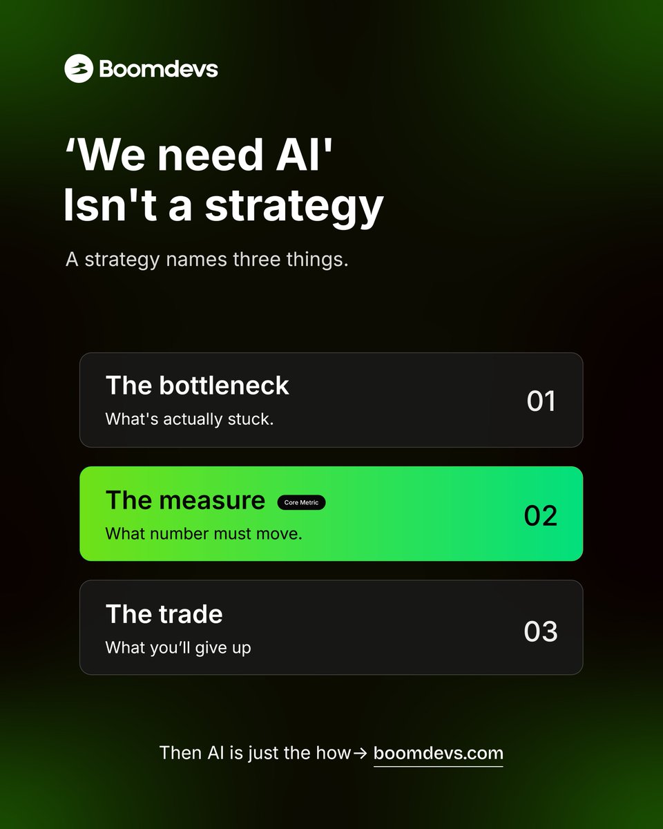 boom_devs's tweet photo. "We need AI" isn't a strategy. It's a tool waiting for a problem ๐
#AIStrategy #ProductStrategy #AIConsulting #TechLeadership #DigitalTransformation #Boomdevs https://t.co/VET8MaNrH4