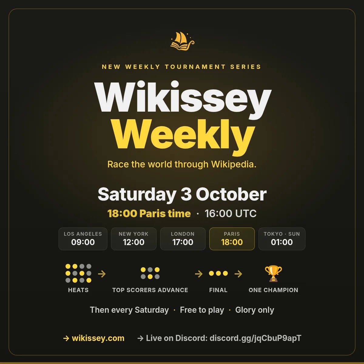 Wikissey's tweet photo. Who takes the first Wikissey Weekly title?

A free Wikipedia-racing tournament, every Saturday at 18:00 Paris time. First one: Sat 3 Oct.

Random start and target pages, so nobody preps a route. Heats, top scorers advance, and the final crowns a champion. https://t.co/HLRXejGsM9