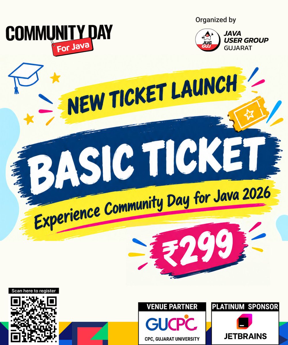 cd4java's tweet photo. ποΈ NEW TICKET LAUNCH!
Introducing the BASIC TICKET for Community Day for Java 2026. β
A simple way to be part of a full day of Java, learning and community.
Get your Basic Ticket now
https://t.co/YRB4RwcwH8
#java #cd4j2026 #communitydayforjava
#CommunityDayForJava https://t.co/ga5jWypYm6