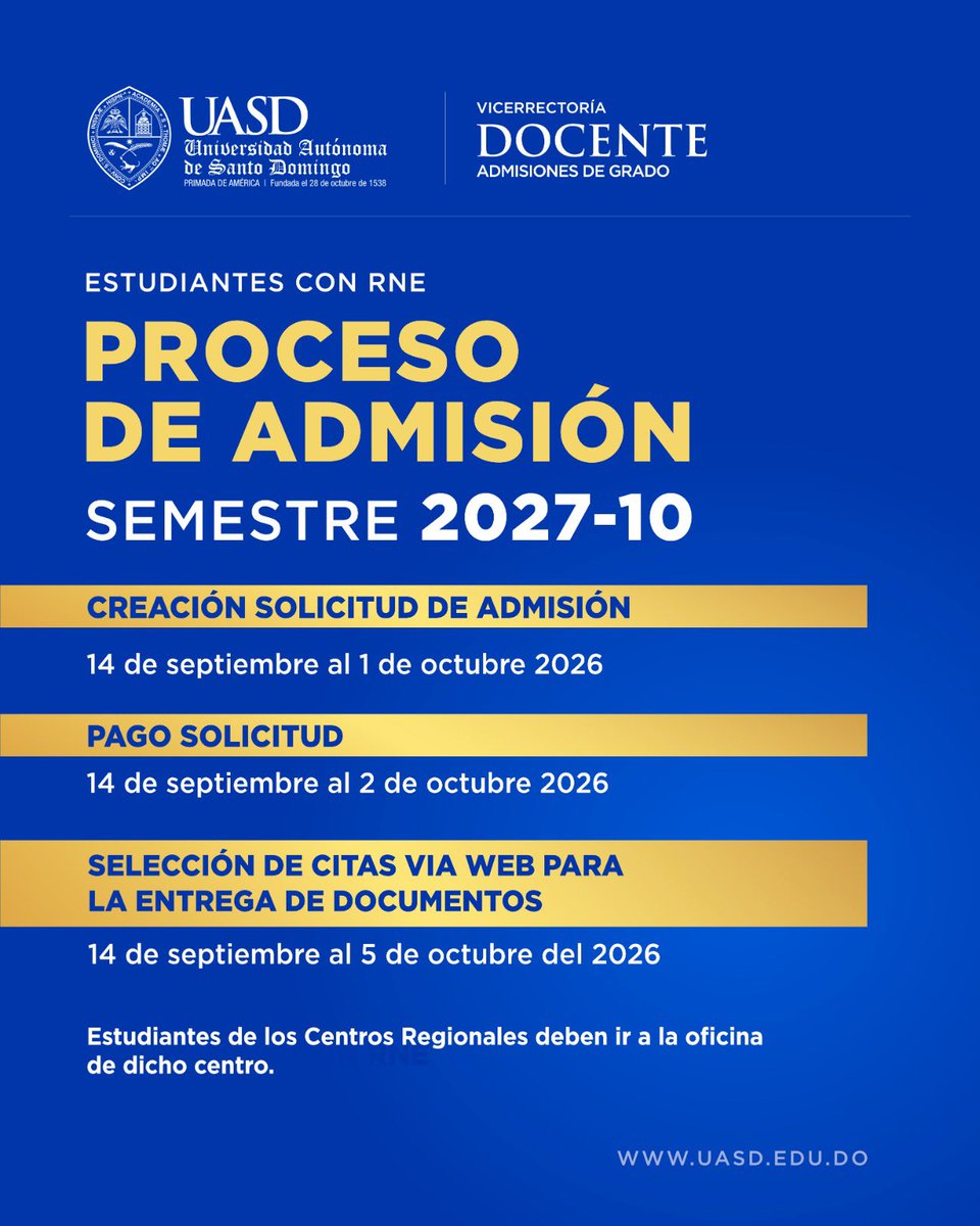 UniversidadUASD's tweet photo. 📢 ¡Atención, estudiantes!

Ya está disponible el proceso de admisión para el próximo período académico. Te invitamos a conocer los pasos y cumplir a tiempo con cada etapa del proceso.

¡Prepárate para formar parte de la UASD! https://t.co/kokFdPI3ud