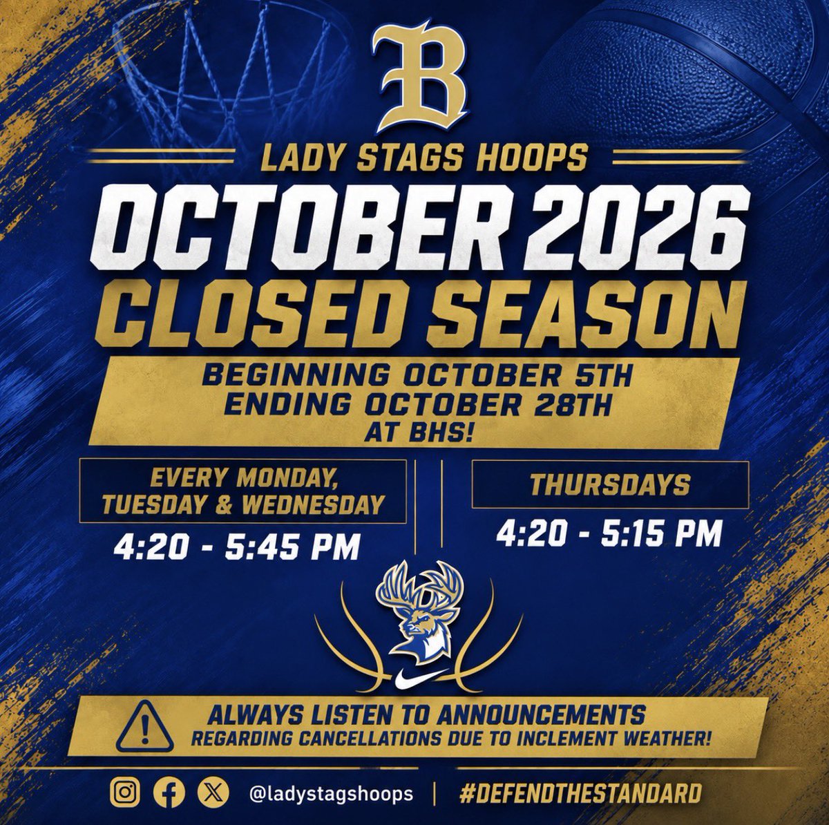 ladystagshoops's tweet photo. Today is the LAST DAY of Open Season workouts! 🏀
Closed Season conditioning starts Monday, Oct. 5 at BHS. Dress for the weather & bring running shoes! 👟
Don’t skip October!🥴
#HardWorkPaysOff #DefendTheStandard https://t.co/VheA6ZKghS