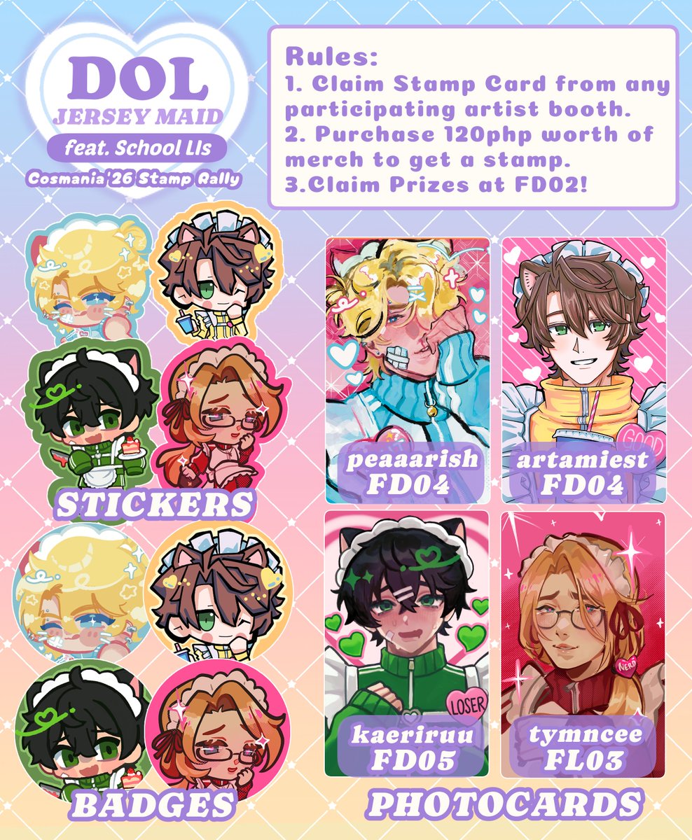 kaeriruu's tweet photo. 🎀Hello, fellow DoL-ings! We're hosting a DOL Jersey Maid Stamp Rally for #CosplayMania2026~ 🎀

🫖The Menu🫖
🎀4 photocards 
🎀4 button pins
🎀4 stickers 

☕️ Your servers ☕
🎀@peaaarish
🎀@artamiest
🎀@tymncee 
🎀@.kaeriruu

 Hope to see you there 💕~ 
#FanfairatCosmania2026 https://t.co/4gyL2AZlet
