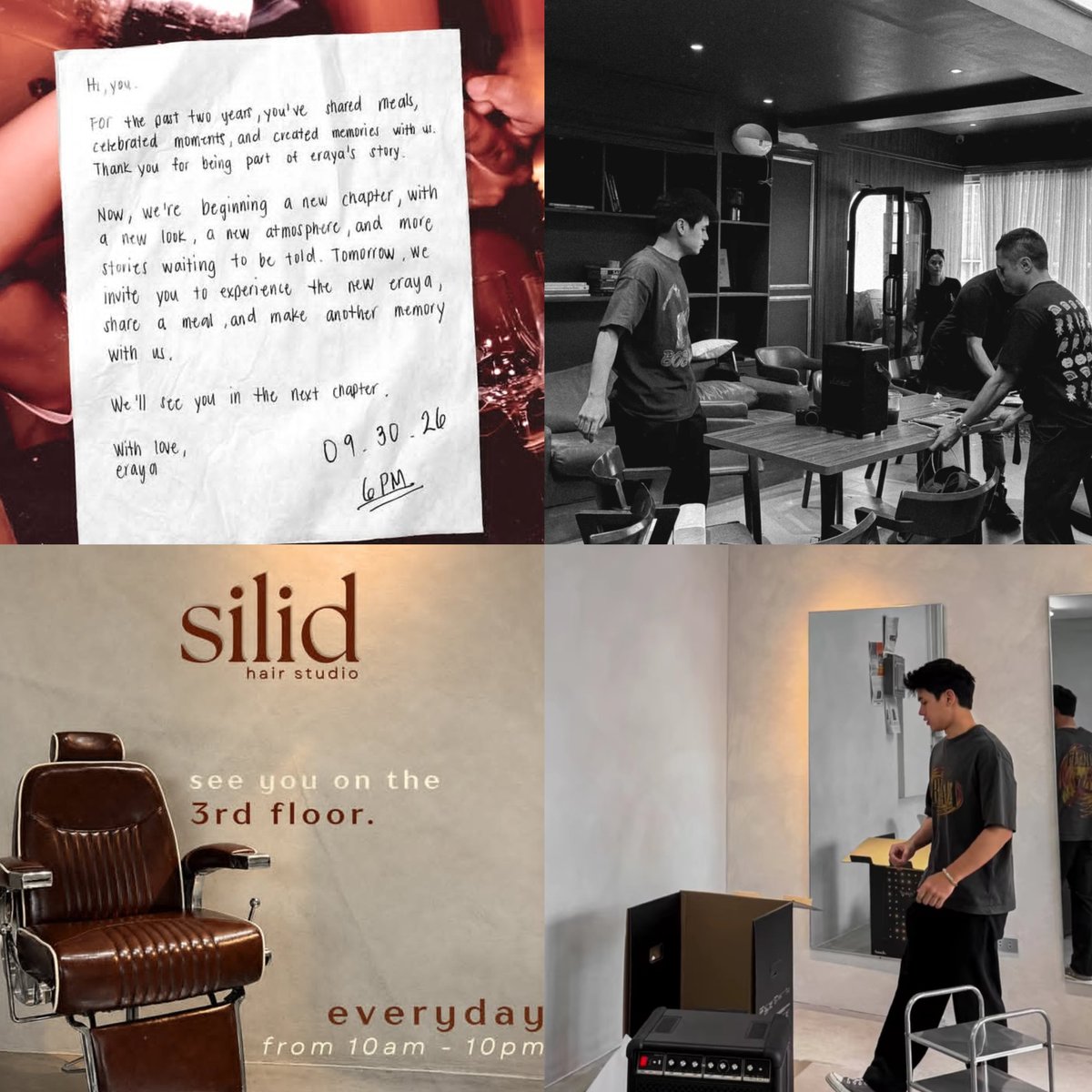 intodcyuu's tweet photo. eraya’s new chapter starts tomorrow. if you’re free please drop by, dine, and show some love and support for this beautiful new beginning. and silid opens on october 3 another milestone. so proud of this man talaga, such a hardworking and hands on businessman! 🤍 https://t.co/kA1ZoIZbHX