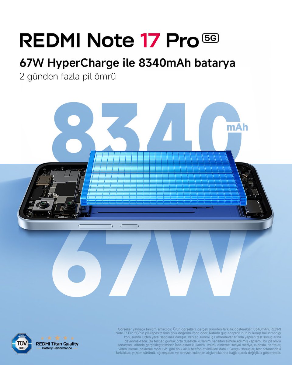 XiaomiTurkiye's tweet photo. Şarj stresini geride bırak. 🔋⚡
8340mAh Silikon-Karbon pil daha uzun süre seninle kalırken, 67W HyperCharge yeniden harekete geçme zamanı geldiğinde hızlıca şarjına güç katıyor.
#REDMINote17Pro5G ile tanış.
#REDMINote17Serisi #TitanGücüyleMaksimuma https://t.co/r75x2zXt7u