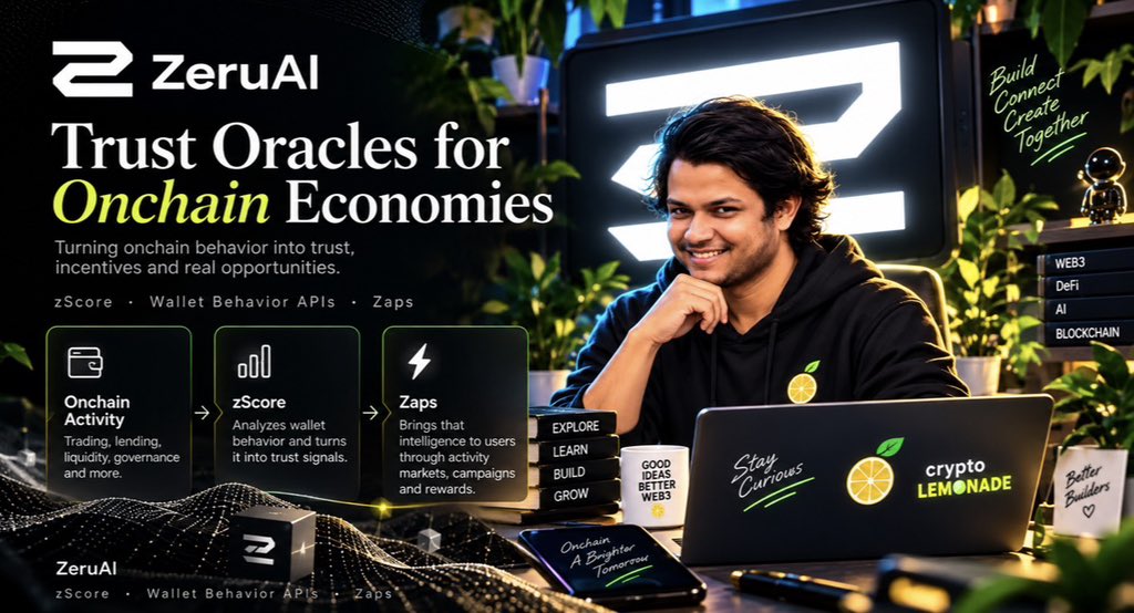 lemonar777's tweet photo. Who is @zerufinance and what are they building?

ZeruAI is building a trust layer for onchain finance.
Instead of judging a wallet only by its balance or transaction count, ZeruAI analyzes what it actually does across chains.

Trading. Lending. Liquidity. Governance. More.
That behavior becomes trust signals through zScore, while Zaps turns activity into markets, campaigns and incentives.

The goal?

Make onchain behavior useful for deciding who deserves trust, incentives, credit and capital.
In a world where identity can be optional, behavior becomes the signal.