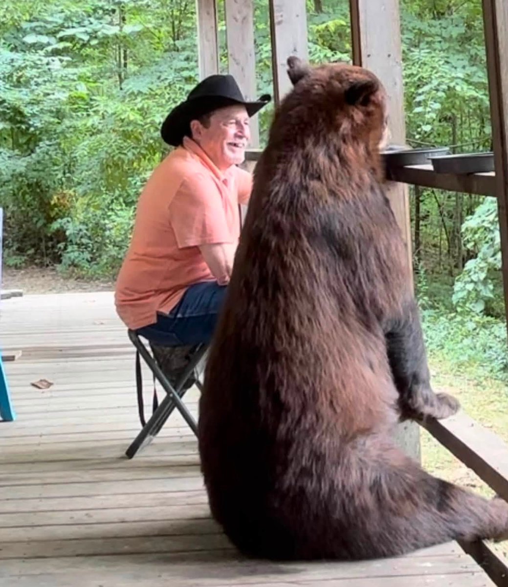 Arkypatriot's tweet photo. This one hits close to home because the man in this story is a friend of my husband.

For years he posted pictures and stories about this black bear. Hershel had become a regular part of his Facebook page, and there were plenty of pictures of the two of them together in NW Arkansas. Then somebody turned him in.

Their friendship really took hold in the summer of 2022 when Hershel showed up badly injured from a fight with a larger bear. He could hardly walk on one leg and had a gaping wound on his neck. My husband’s friend fed him, medicated him and helped him recover. Hershel survived and carried a large scar from that fight.

He never claimed Hershel was a pet. Hershel was a wild bear that would take off when unfamiliar vehicles or people showed up. But he trusted this particular man, and anyone who saw the pictures over the years could see there was an unusual bond between them.

On June 29, four Arkansas Game and Fish officers came to his home. They told him Hershel was considered a danger and would have to be removed. He strongly disagreed with their assessment, but he also knew he had violated the rules by feeding him.

Now Hershel is gone. His friend believes Arkansas Game and Fish either trapped or killed him, although he doesn't know for certain what ultimately happened to him.

People can argue about feeding wildlife, and I understand why those laws exist. But I also understand why this hurts. He found an injured bear, helped him survive, and for several years that bear kept coming back to the one human being he trusted.

Somebody saw those Facebook posts and turned him in. Now there won't be any more pictures of Hershel showing up to visit his old friend.

That's a pretty damn sad ending to a remarkable friendship.