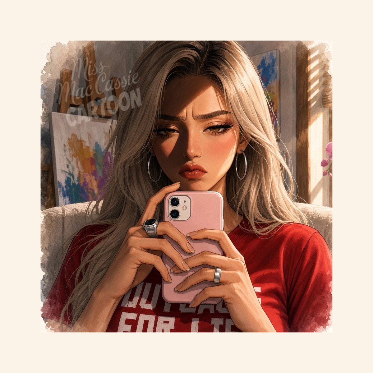 MissMacCassie's tweet photo. Hmm... I'm racking my brains over a new #headerphoto... 🤔😉 | #MissMacCassieCartoon #AIart #DigitalArt https://t.co/QhzMZOxhOt