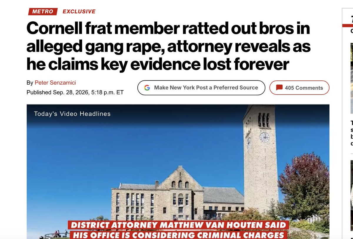 Jamie_Maz's tweet photo. This is the NY Post headline about fraternity member who shared the disturbing messages with the victim at Cornell.

Framed as ratting out his bros. https://t.co/oflkHCjex6