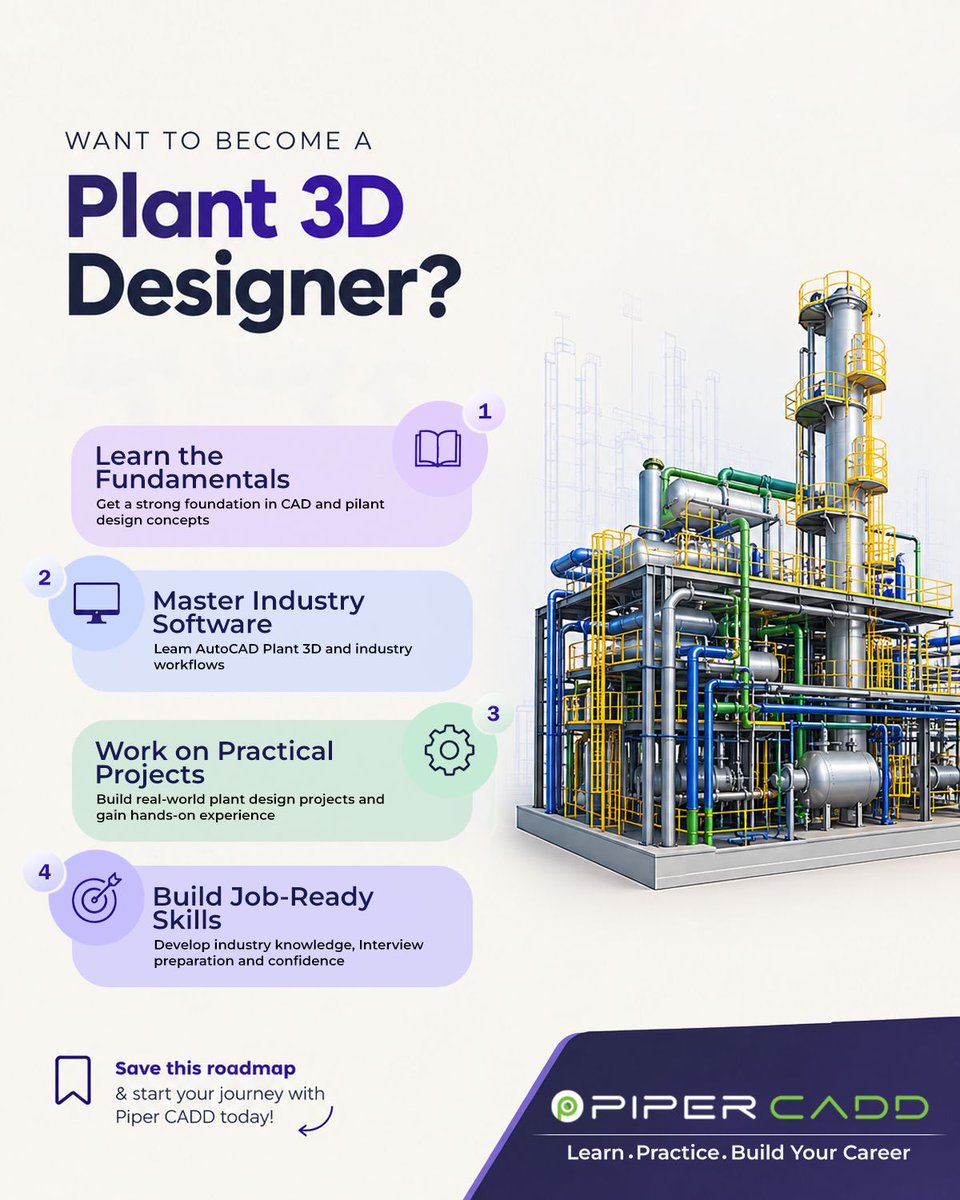 PiperCadd's tweet photo. 🚀 Want to become a Plant 3D Designer?
Start your Plant 3D journey today!

#PiperCADD #Plant3D #PlantDesign #CADDesign #PipingDesign #DesignEngineer #CADCareer #EngineeringCareer #AutoCAD #3DDesign https://t.co/Q0eFb9M8yj