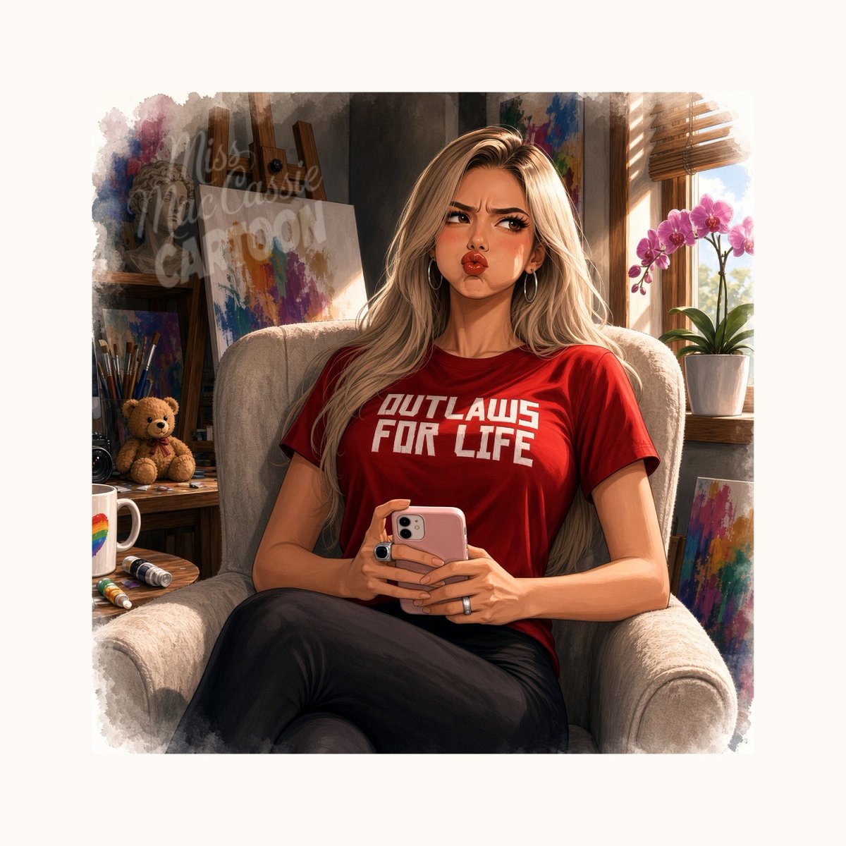 MissMacCassie's tweet photo. Hmm... I'm racking my brains over a new #headerphoto... 🤔😉 | #MissMacCassieCartoon #AIart #DigitalArt https://t.co/QhzMZOxhOt