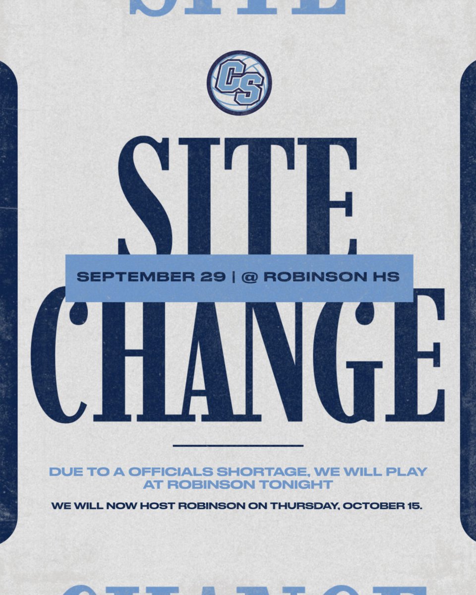 ChinaSpringVB's tweet photo. ICYMI, we will be playing @ Robinson HS tonight. We will now host Robinson at home on Thursday, October 15. All game times remain the same. It's a short drive over so we hope to see and hear y'all there! #SYSMAU https://t.co/UOi6slJOIx