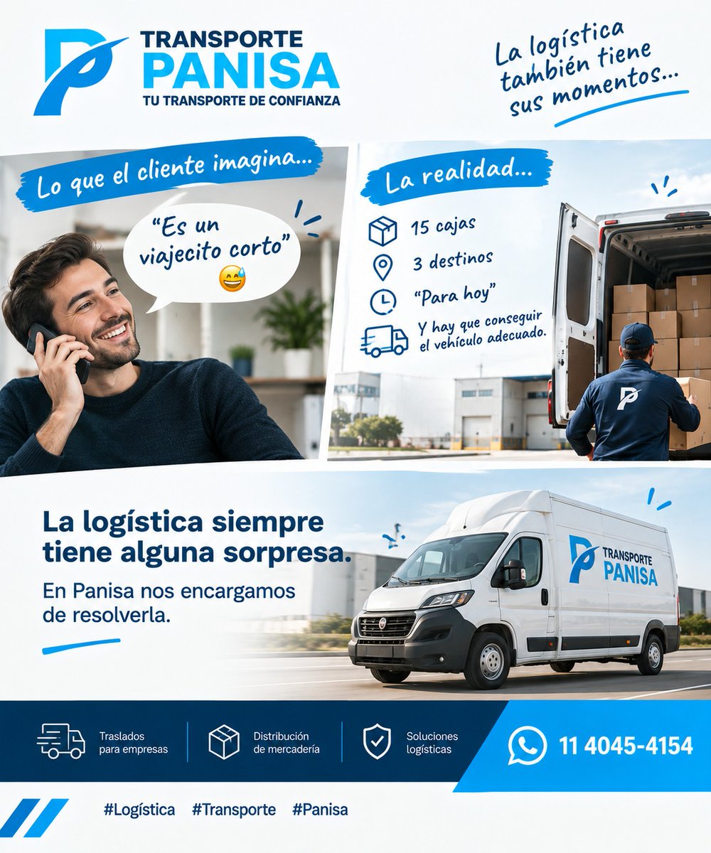 PANISASRL's tweet photo. 🚚 “Es un viajecito corto…” 😅

Hasta que aparecen 15 cajas, 3 destinos, “para hoy” y hay que conseguir el vehículo adecuado.

La logística siempre tiene alguna sorpresa. En Panisa nos encargamos de resolverla.

📲 11 4045-4154
#Logística #Transporte #Panisa https://t.co/ZNCxDl4Uz4
