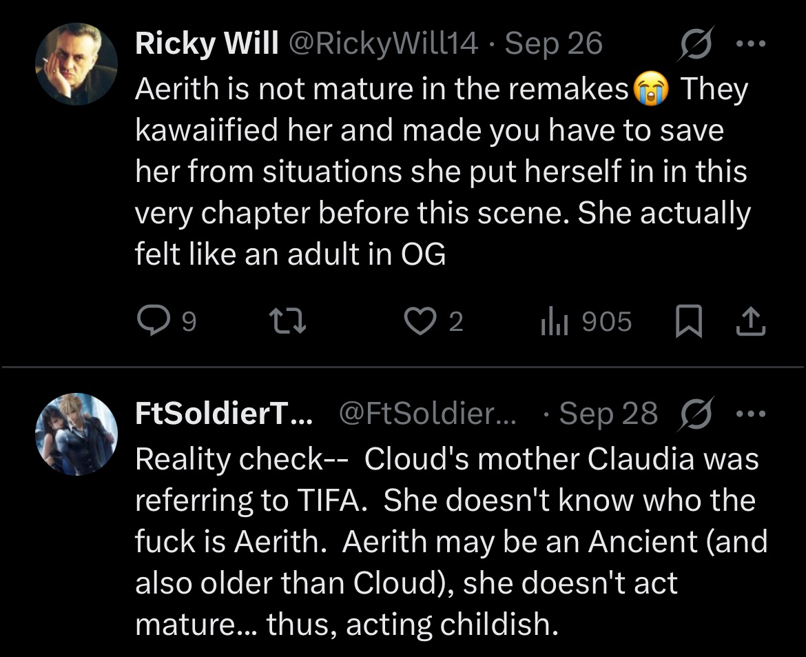 ActuallyCloud's tweet photo. Just because Aerith is playful doesn’t mean she’s immature.

Ironically, only an immature person would think this.

Just FYI. https://t.co/YmHa2WtFDA