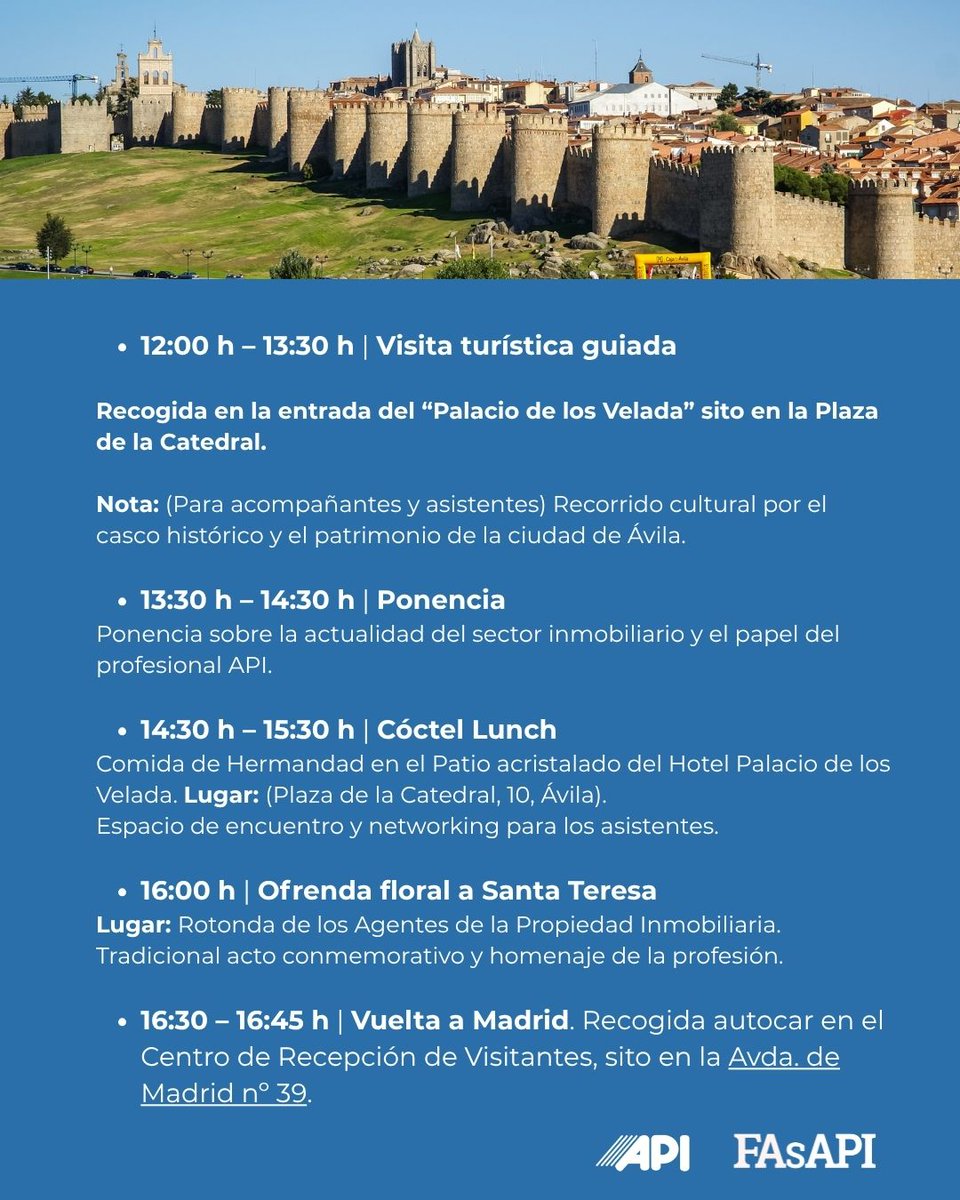 consejoCOAPI's tweet photo. ¡Ávila el próximo 15 de octubre! 🏰 Celebramos la jornada institucional del CGCOAPI: 🔹 Pleno y Medallas de Oro 🔹 Visita guiada y ponencia sectorial 🔹 Cóctel de hermandad 🔹 Ofrenda a Santa Teresa 🚌 Autocar disponible desde Madrid 
📩 cgcoapi@consejocoapis.org | 📲 662 545 015 https://t.co/njiqWNeXRr