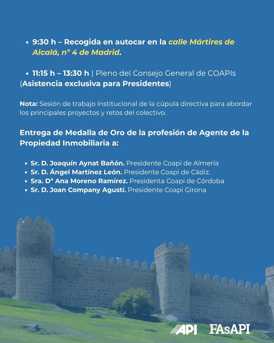 consejoCOAPI's tweet photo. ¡Ávila el próximo 15 de octubre! 🏰 Celebramos la jornada institucional del CGCOAPI: 🔹 Pleno y Medallas de Oro 🔹 Visita guiada y ponencia sectorial 🔹 Cóctel de hermandad 🔹 Ofrenda a Santa Teresa 🚌 Autocar disponible desde Madrid 
📩 cgcoapi@consejocoapis.org | 📲 662 545 015 https://t.co/njiqWNeXRr