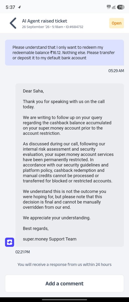 ssaha2010's tweet photo. @getsupermoney @Flipkart
Your system keeps auto-closing multiple tickets (#684233, #684243, #684732, #684734) without fixing the root cause. Account is STILL blocked &amp; earned cashback seized after an IVR glitch. Open Grievance #679835 is ignored! Fix it 
@NPCI_NPCI @UPI_NPCI @RBI https://t.co/0uE6b7AHBN