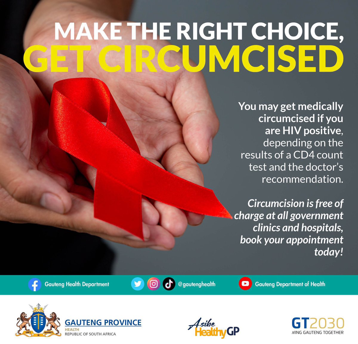 GautengHealth's tweet photo. Circumcision reduces HIV infection by 60%. However, even if you’re positive, you can still get circumcised. You’ll be offered support and if you’re not on ARVs, you’ll be initiated & a future appointment will be made for you if you’re not eligible at the time #MakeTheRightChoice #AsibeHealthyGP